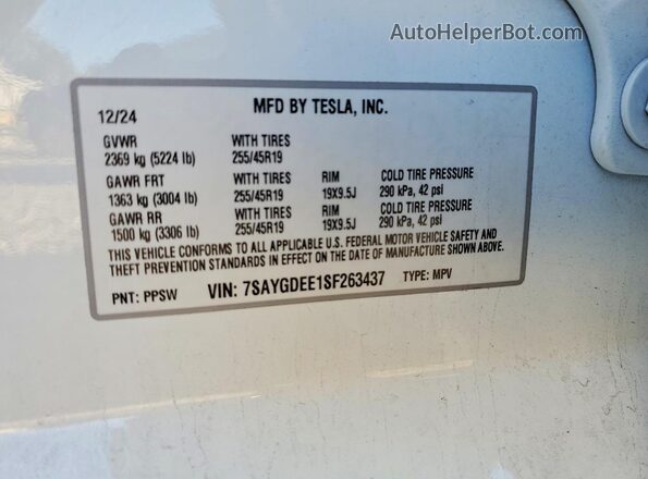 7SAYGDEE1SF263437 2025 TESLA MODEL White VIN կոդի պիտակի տեսք