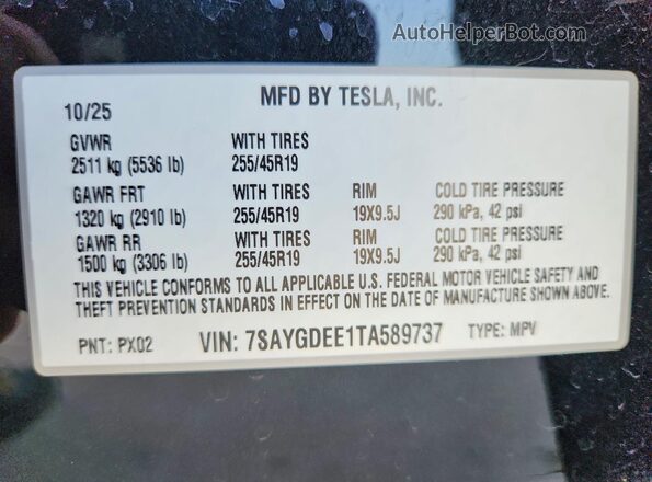7SAYGDEE1TA589737 2026 TESLA MODEL Black VIN կոդի պիտակի տեսք