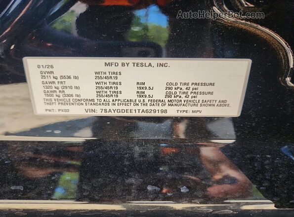 7SAYGDEE1TA629198 2026 TESLA MODEL Black VIN sticker view