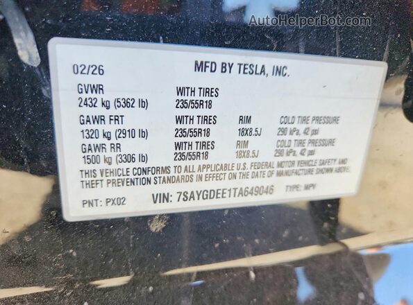 7SAYGDEE1TA649046 2026 TESLA MODEL Black Вид наклейки з VIN-кодом