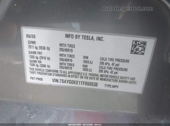7SAYGDEE1TF650538 2026 TESLA MODEL Y Gray Vista del compartimento del motor