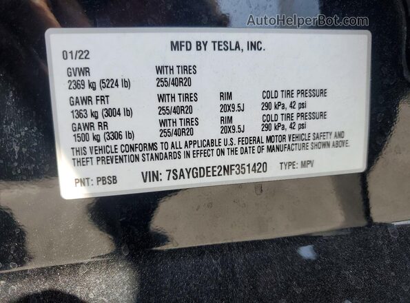 7SAYGDEE2NF351420 2022 TESLA MODEL Черный Вид наклейки с VIN-кодом