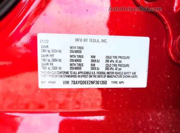 7SAYGDEE2NF361350 2022 TESLA MODEL Red Vista del compartimento del motor