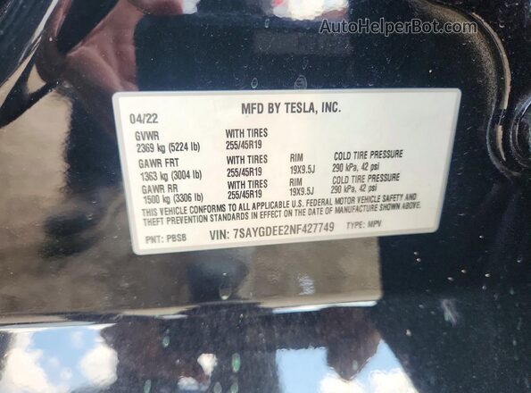 7SAYGDEE2NF427749 2022 TESLA MODEL Черный Вид наклейки с VIN-кодом