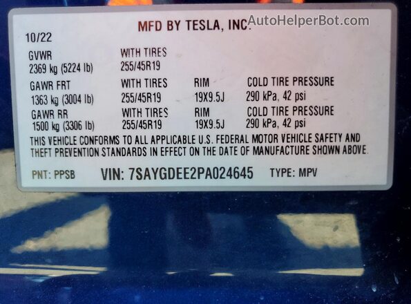 7SAYGDEE2PA024645 2023 TESLA MODEL Blue Engine compartment view