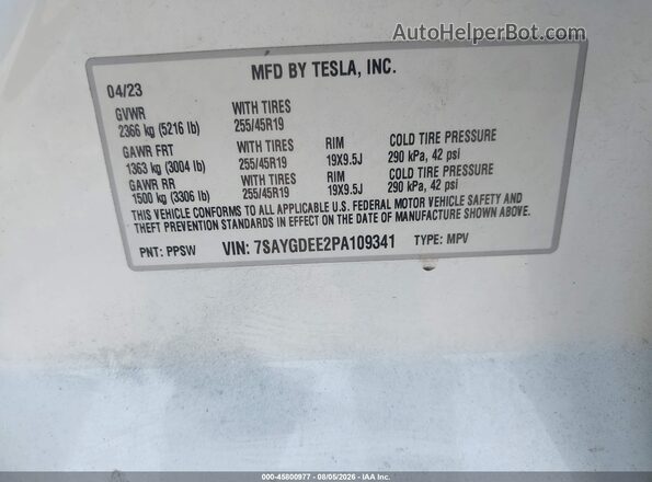 7SAYGDEE2PA109341 2023 TESLA MODEL Y White Vista del compartimento del motor