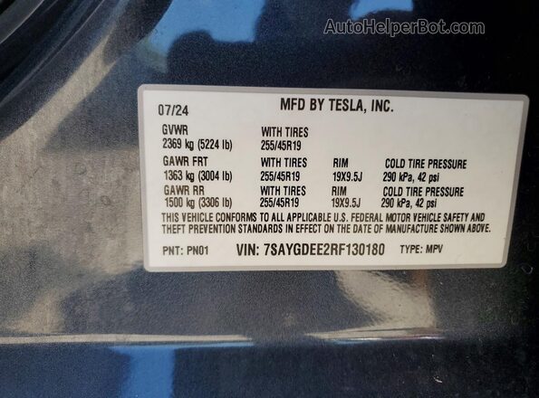 7SAYGDEE2RF130180 2024 TESLA MODEL Charcoal VIN sticker view