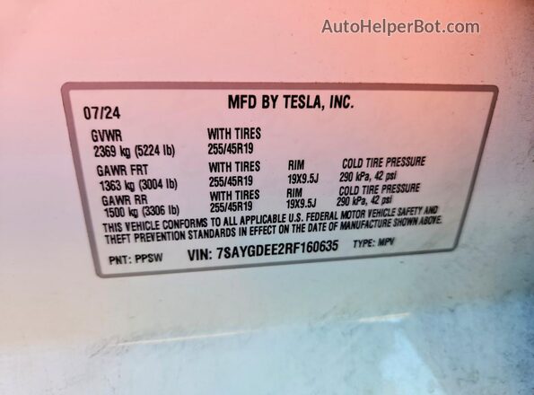 7SAYGDEE2RF160635 2024 TESLA MODEL White Widok naklejki z numerem VIN