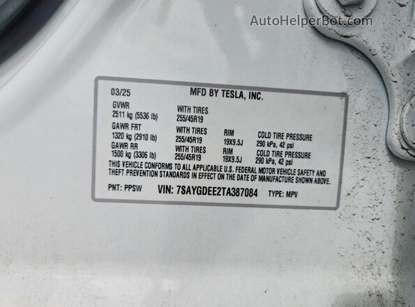 7SAYGDEE2TA387084 2026 TESLA MODEL White Панорамний вид салону 360°