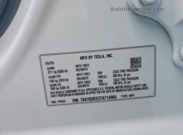 7SAYGDEE2TA714969 2026 TESLA MODEL White Widok naklejki z numerem VIN
