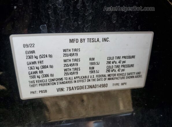 7SAYGDEE3NA014980 2022 TESLA MODEL Black Engine compartment view