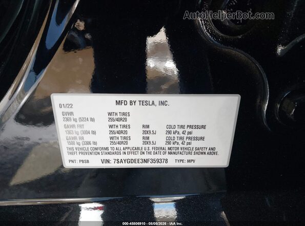 7SAYGDEE3NF359378 2022 TESLA MODEL Y Black Շարժիչի բաժամունքի տեսք