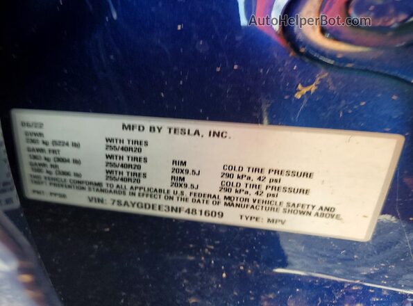 7SAYGDEE3NF481609 2022 TESLA MODEL Blue Vista de la etiqueta del VIN