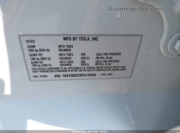 7SAYGDEE3PA178555 2023 TESLA MODEL Y White Вид підкапотного простору