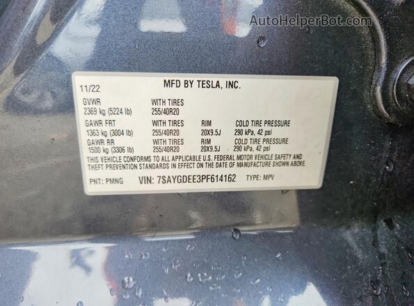 7SAYGDEE3PF614162 2023 TESLA MODEL Charcoal VIN կոդի պիտակի տեսք