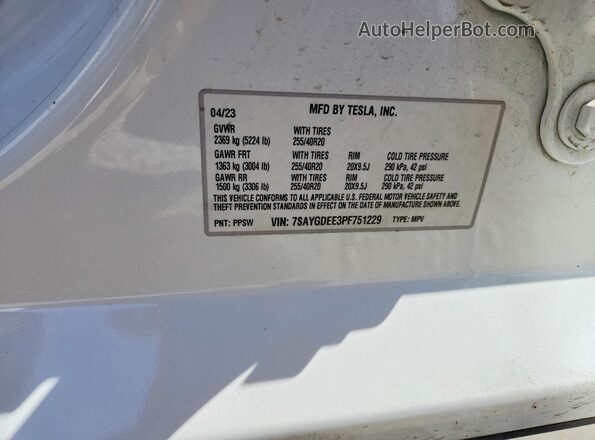 7SAYGDEE3PF751229 2023 TESLA MODEL White Вид наклейки з VIN-кодом