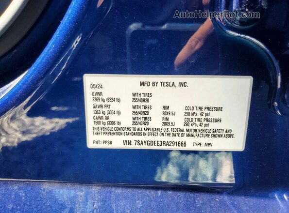 7SAYGDEE3RA291666 2024 TESLA MODEL Blue ძრავის განყოფილების ხედი