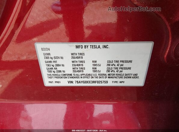 7SAYGDEE3RF025759 2024 TESLA MODEL Y Красный Вид подкапотного пространства