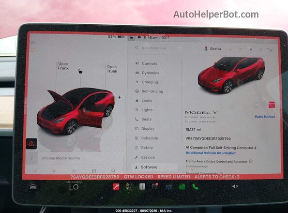 7SAYGDEE3RF025759 2024 TESLA MODEL Y Красный Вид задних сидений