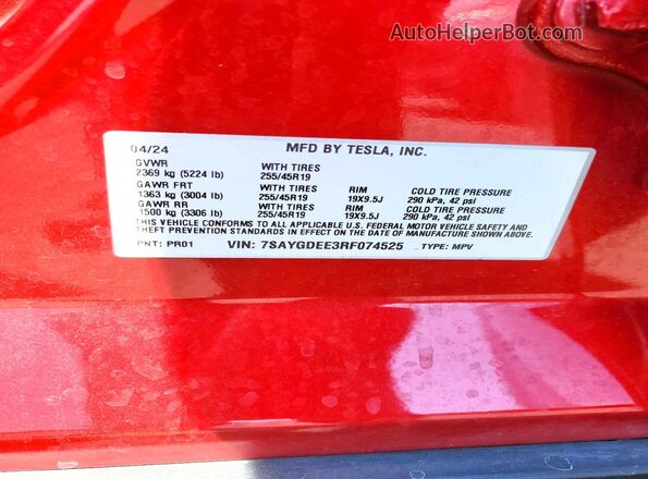 7SAYGDEE3RF074525 2024 TESLA MODEL Red Vista del compartimento del motor