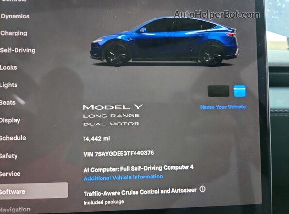 7SAYGDEE3TF440376 2026 TESLA MODEL Blue Սարքավորումների վահանակի տեսք