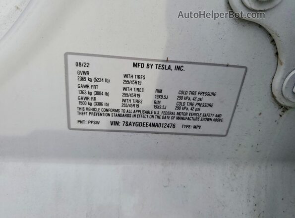 7SAYGDEE4NA012476 2022 TESLA MODEL White Вид підкапотного простору