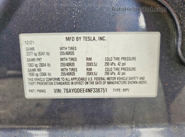 7SAYGDEE4NF338751 2022 TESLA MODEL Gray Вид наклейки з VIN-кодом