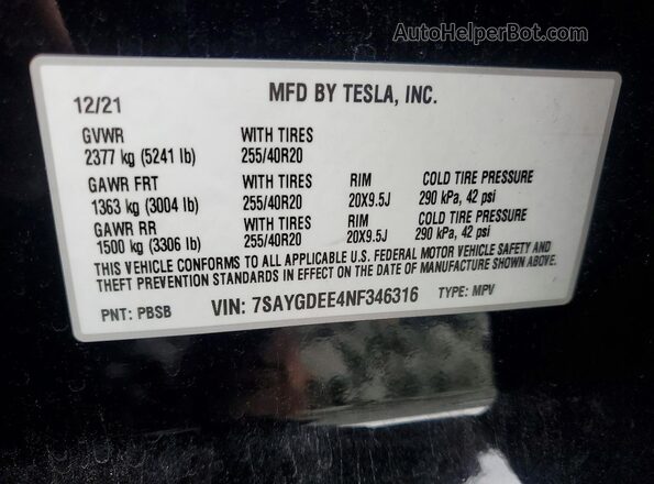 7SAYGDEE4NF346316 2022 TESLA MODEL Black VIN კოდის სტიკერის ხედი