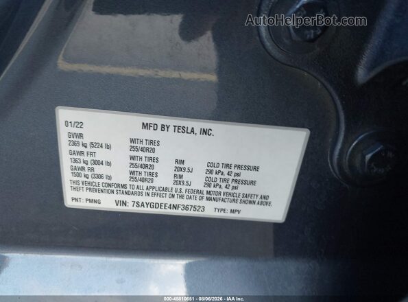 7SAYGDEE4NF367523 2022 TESLA MODEL Y Gray Շարժիչի բաժամունքի տեսք