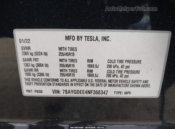 7SAYGDEE4NF368347 2022 TESLA MODEL Y Black Engine compartment view