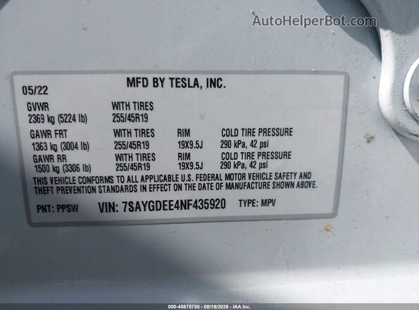 7SAYGDEE4NF435920 2022 TESLA MODEL Y White Vista del compartimento del motor