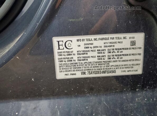 7SAYGDEE4NF504945 2022 TESLA MODEL Gray Widok naklejki z numerem VIN