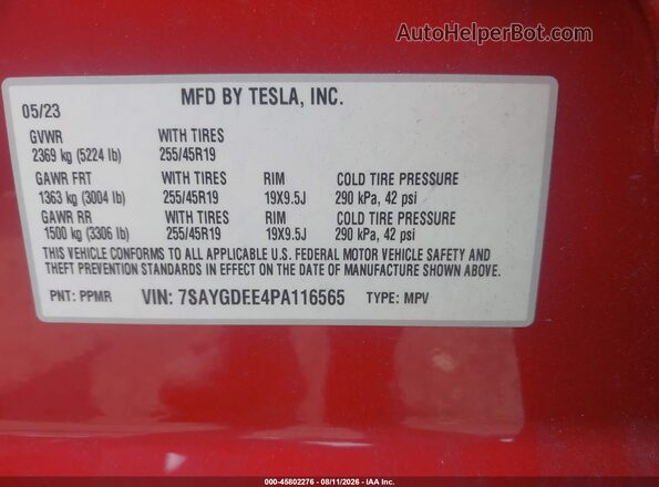 7SAYGDEE4PA116565 2023 TESLA MODEL Y Red Շարժիչի բաժամունքի տեսք