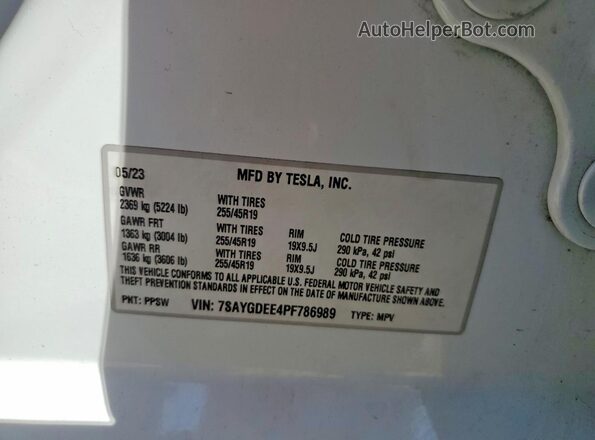 7SAYGDEE4PF786989 2023 TESLA MODEL Белый Вид наклейки с VIN-кодом