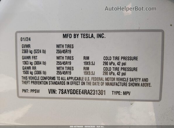 7SAYGDEE4RA231301 2024 TESLA MODEL Y White Շարժիչի բաժամունքի տեսք