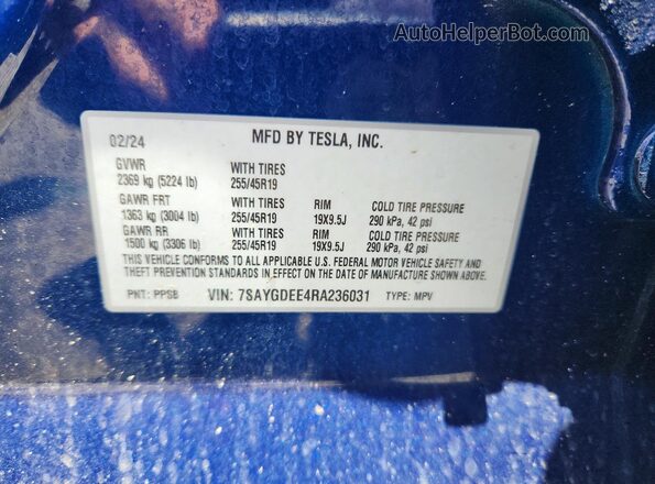 7SAYGDEE4RA236031 2024 TESLA MODEL Blue Շարժիչի բաժամունքի տեսք