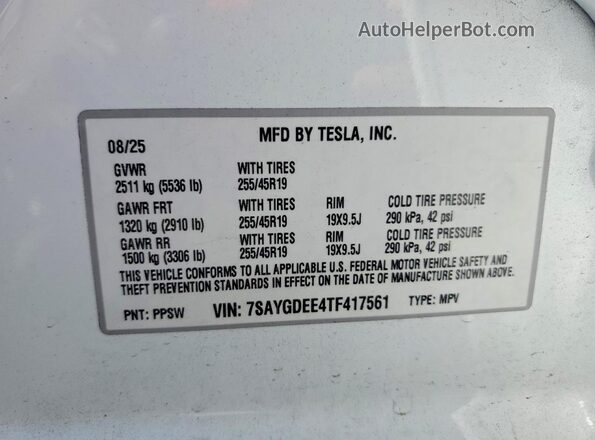 7SAYGDEE4TF417561 2026 TESLA MODEL White VIN კოდის სტიკერის ხედი