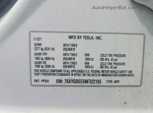 7SAYGDEE5NF322185 2022 TESLA MODEL White VIN sticker view