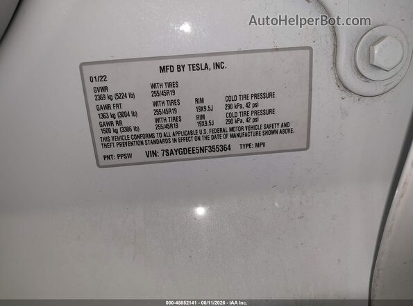 7SAYGDEE5NF355364 2022 TESLA MODEL Y Белый Вид подкапотного пространства