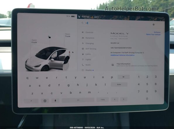 7SAYGDEE5NF411450 2022 TESLA MODEL Y White Widok tylnych siedzeń