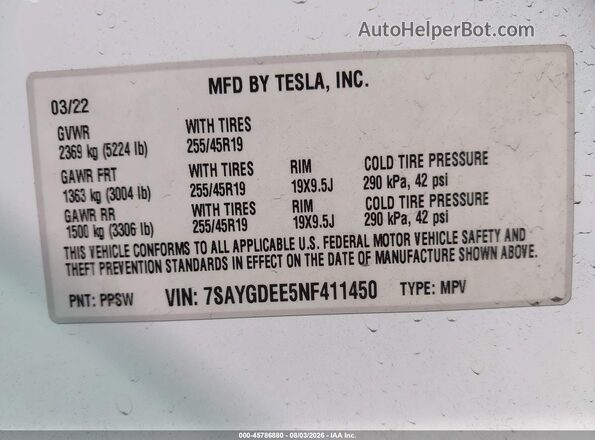 7SAYGDEE5NF411450 2022 TESLA MODEL Y White Widok komory silnika