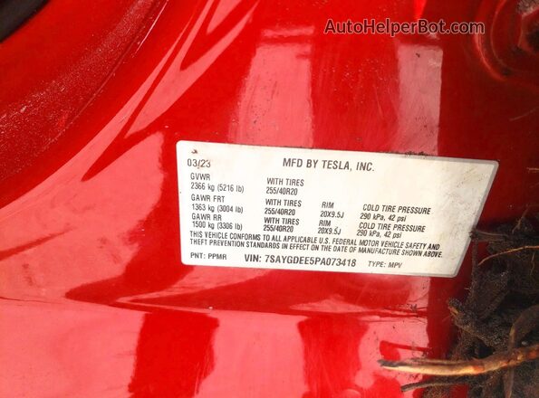 7SAYGDEE5PA073418 2023 TESLA MODEL Red Вид наклейки з VIN-кодом