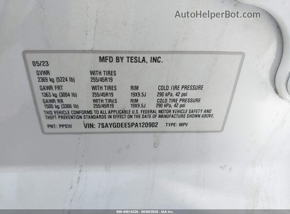 7SAYGDEE5PA120902 2023 TESLA MODEL Y White ძრავის განყოფილების ხედი