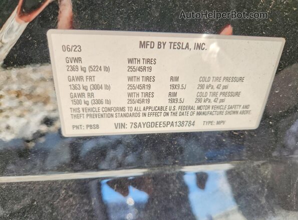 7SAYGDEE5PA138784 2023 TESLA MODEL Black VIN կոդի պիտակի տեսք