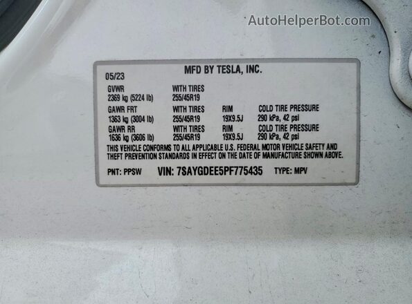 7SAYGDEE5PF775435 2023 TESLA MODEL White Vista de la etiqueta del VIN