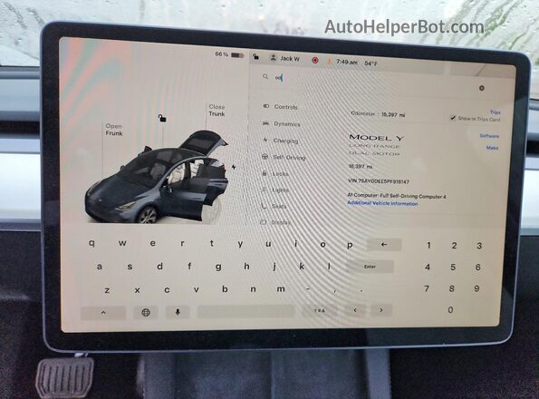7SAYGDEE5PF916147 2023 TESLA MODEL Charcoal ხელსაწყოთა პანელის ხედი