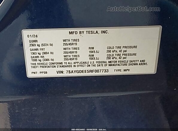 7SAYGDEE5RF007733 2024 TESLA MODEL Y Blue Engine compartment view