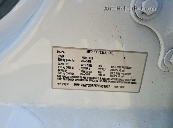 7SAYGDEE5RF081637 2024 TESLA MODEL Белый Вид подкапотного пространства