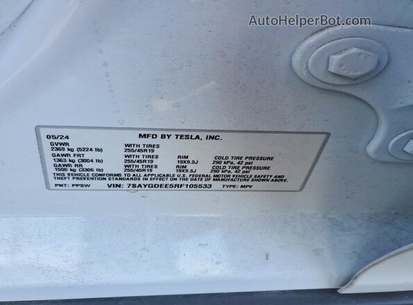 7SAYGDEE5RF105533 2024 TESLA OTHER White VIN კოდის სტიკერის ხედი