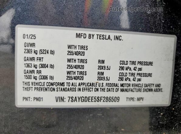 7SAYGDEE5SF286509 2025 TESLA MODEL Gray Widok naklejki z numerem VIN